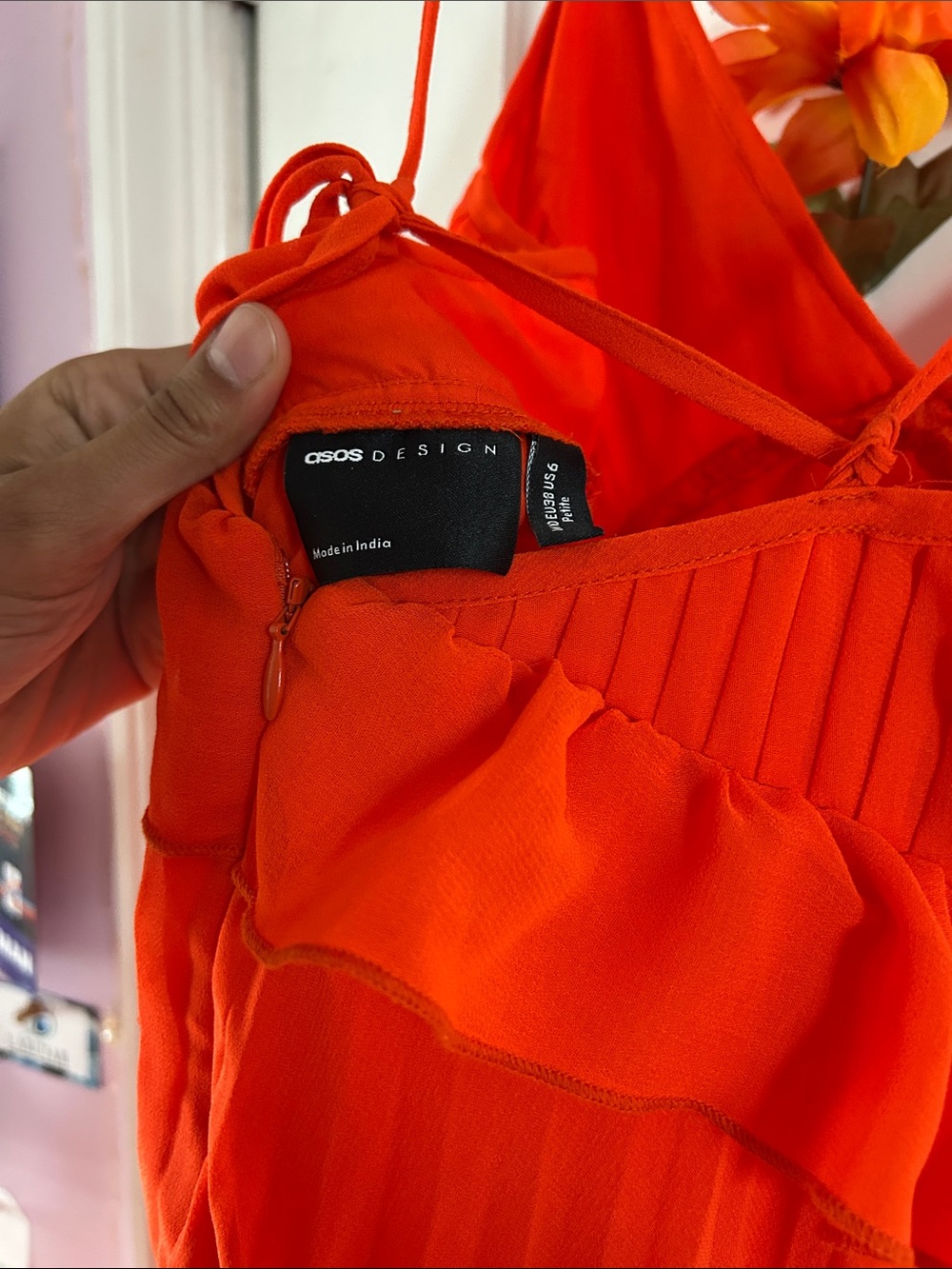 ASOS Design Orange Pleated Ruffle Dress - Picture 4 of 4